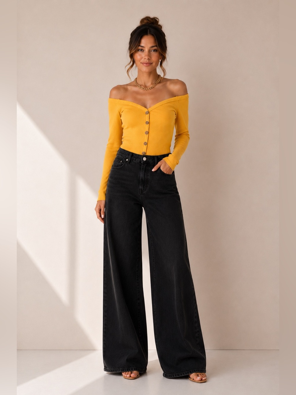 Iris Basic Mustard Yellow Off-Shoulder Button-Front Ribbed Top - Picture 5 of 10